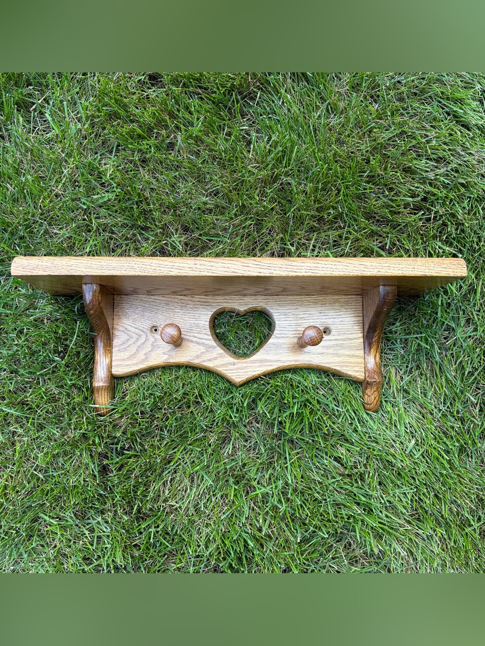 Vintage 80s Wood Wall Shelf Heart Cutout Pegs Cottagecore Country Farmhouse 18”
